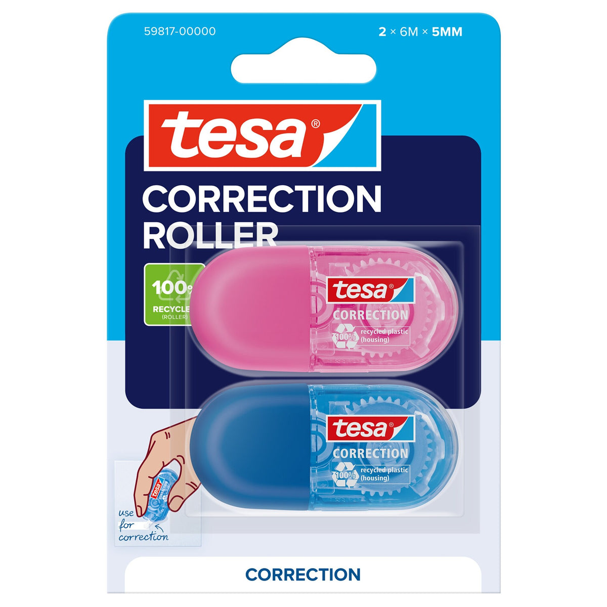 tesa CORRECTION ROLLER Mini, 6 m x 5 mm, weiß