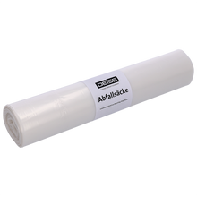 Abgebildet ist eine 50er-Packung EMIL DEISS KG (GmbH + Co.) DEISS 59903 transparente Müllsäcke (620x750 mm), eingewickelt in klarem Kunststoff und beschriftet mit "Deiss Abfallsäcke", auf einfarbig weißem Hintergrund.