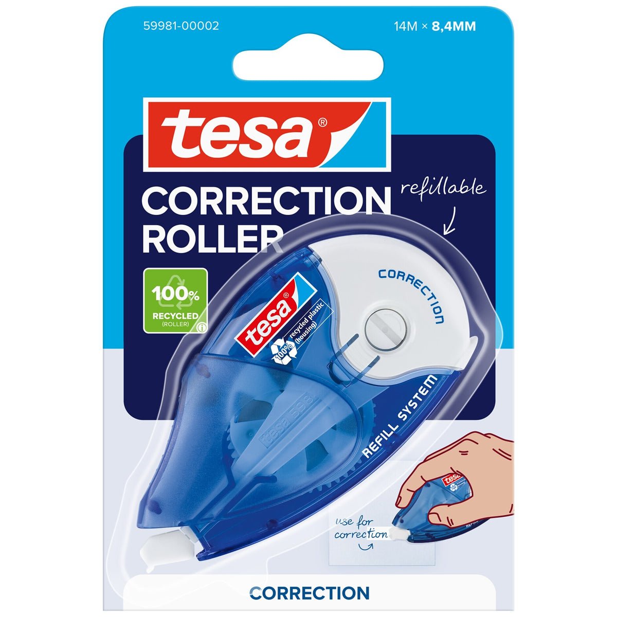 tesa CORRECTION ROLLER, weiß, Nachfüllung, ecoLogo, 14 m x 8,4 mm
