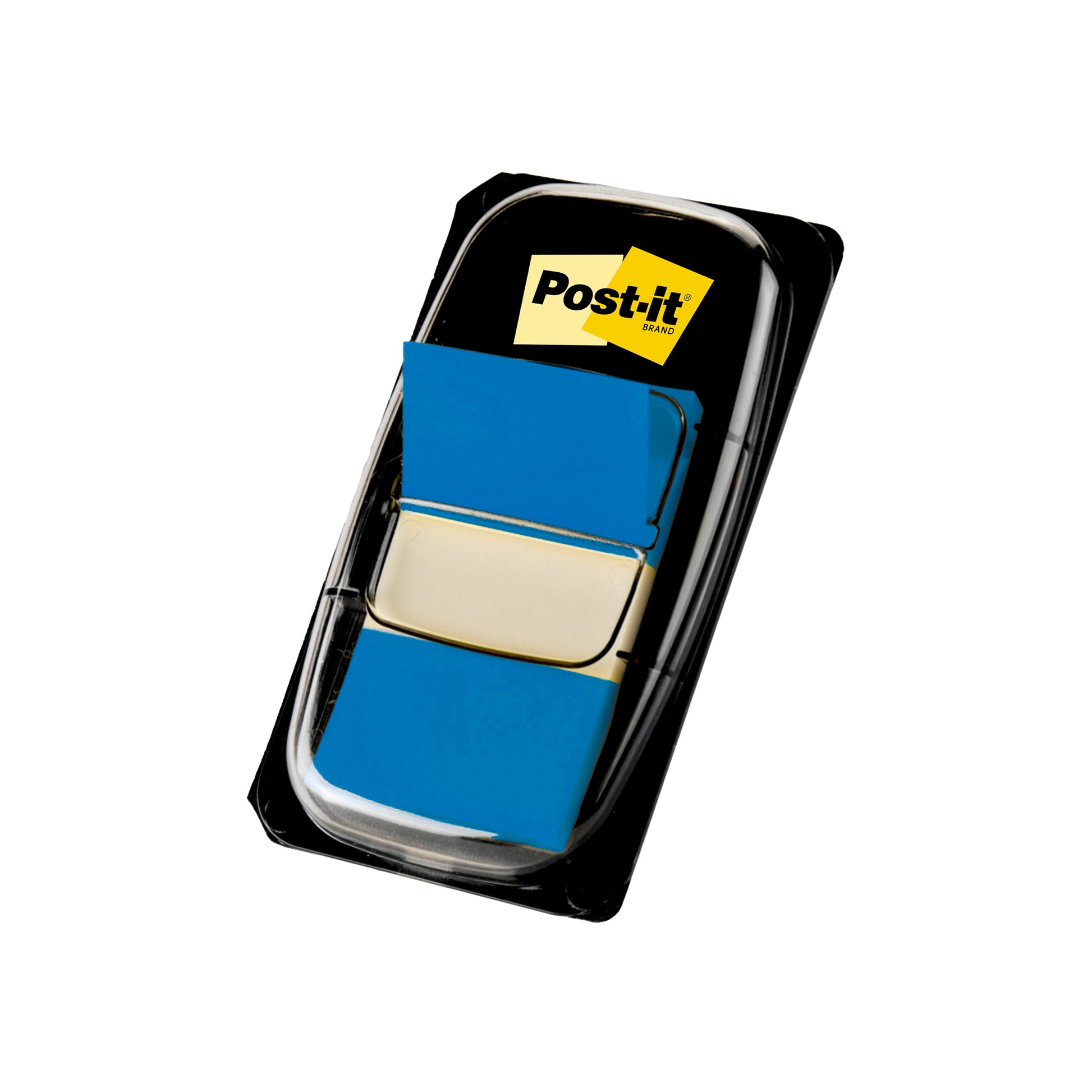 Ein Kunststoffspender der 3M Deutschland GmbH mit Post-it® Index Haftstreifen, Standardgröße (25,4 mm x 43,2 mm), 50 blaue Fähnchen pro Spender, mit gelbem und schwarzem Post-it Logo auf der Verpackung.