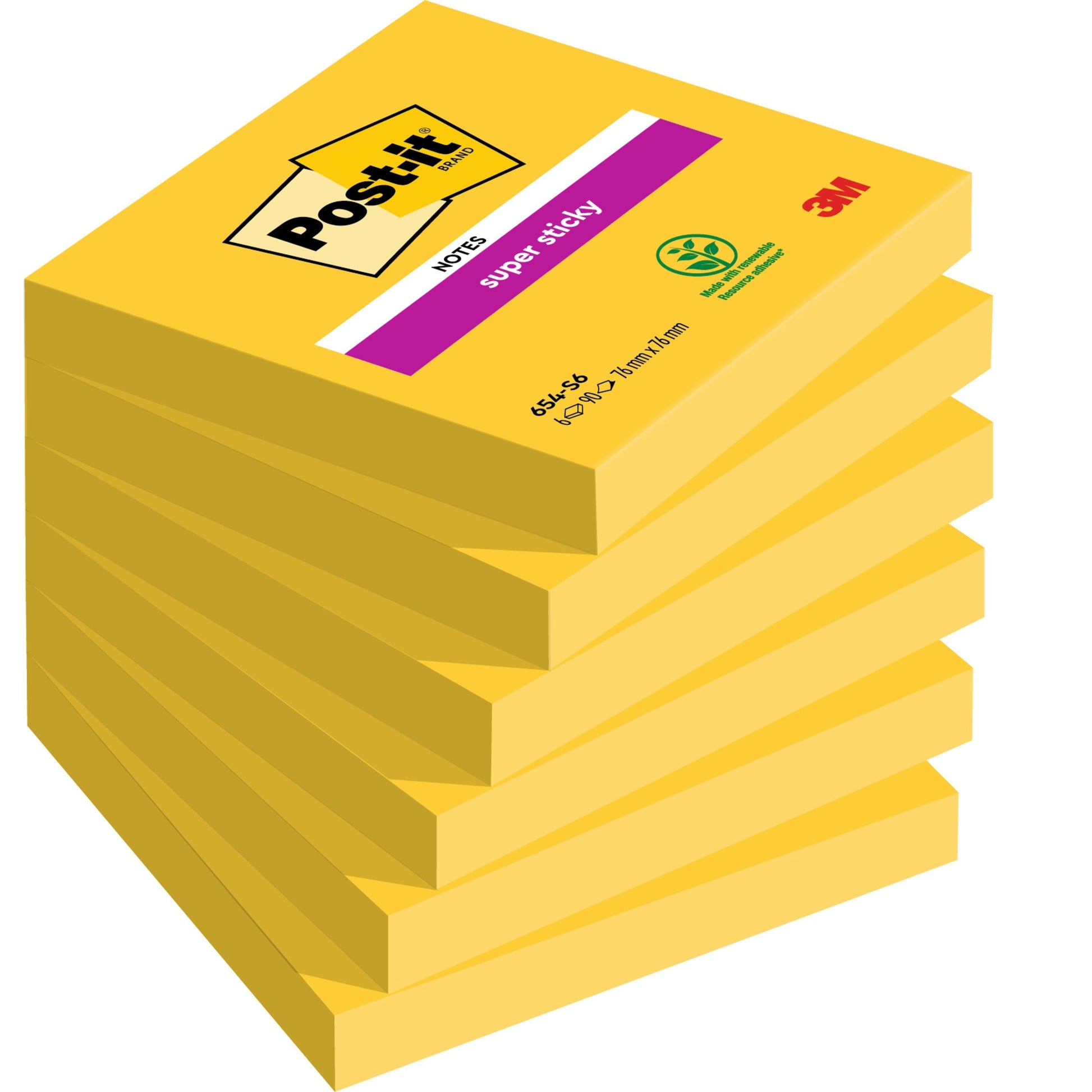 Abgebildet ist ein Stapel von sieben gelben Post-it® Notes (76x76 mm, je 90 Blatt, 100% PEFC, SGSCH-PEFC-COC-110078) der 3M Deutschland GmbH. Auf dem obersten Block sind "super sticky", ein Recycling-Symbol und das 3M-Logo abgebildet.