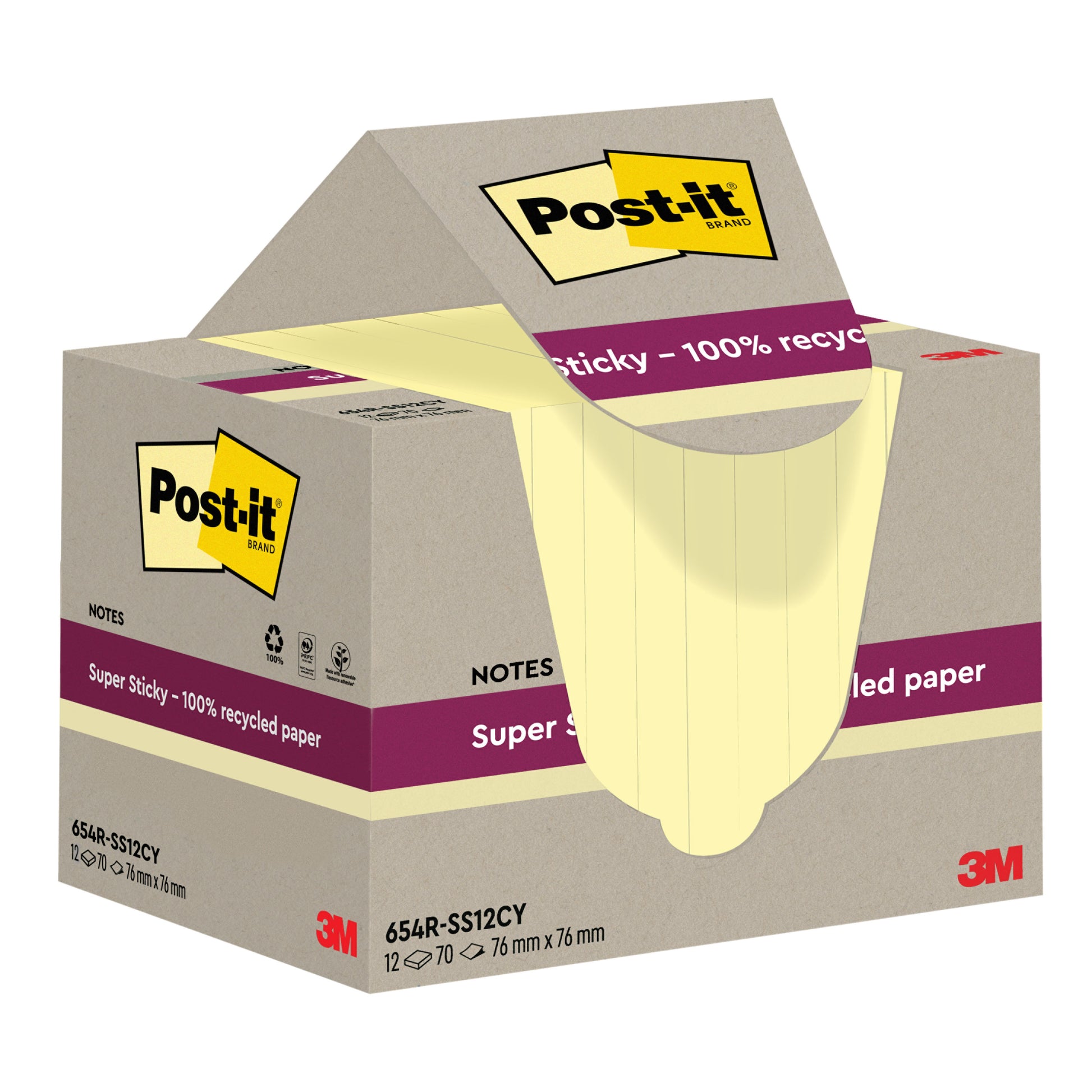 Eine geöffnete Schachtel Post-it® Super Sticky 100% Recycling Notes (76x76 mm, 70 Blatt/Block, 100% PEFC) der 3M Deutschland GmbH zeigt gelbe Zettel mit Etiketten, auf denen die Marke und die Produktdaten angegeben sind.