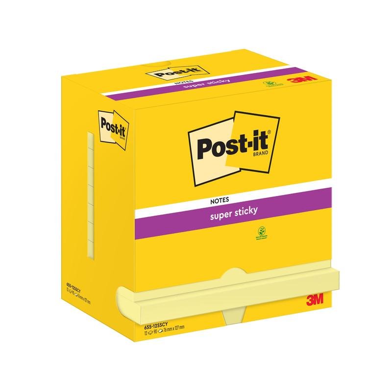 Ένα κίτρινο κουτί Post-it® Super Sticky Notes (3M Deutschland GmbH), 76 x 127 mm, 90 φύλλα ανά μπλοκ, 12 μπλοκ ανά συσκευασία, κατασκευασμένο από 100% πιστοποιημένο χαρτί PEFC, με ισχυρή κολλητική δύναμη και σε ανακυκλώσιμη συσκευασία από χαρτόνι.