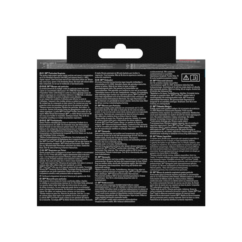 Η εικόνα δείχνει το πίσω μέρος μιας 3M™ Aura™ Comfort Cool Flow™ μάσκας σωματιδίων 9332+ (FFP3, με βαλβίδα) από την 3M Deutschland GmbH. Η μαύρη συσκευασία περιέχει τρεις στήλες με πολυγλωσσικό λευκό κείμενο και μια θηλιά κρεμάσματος στην κορυφή.