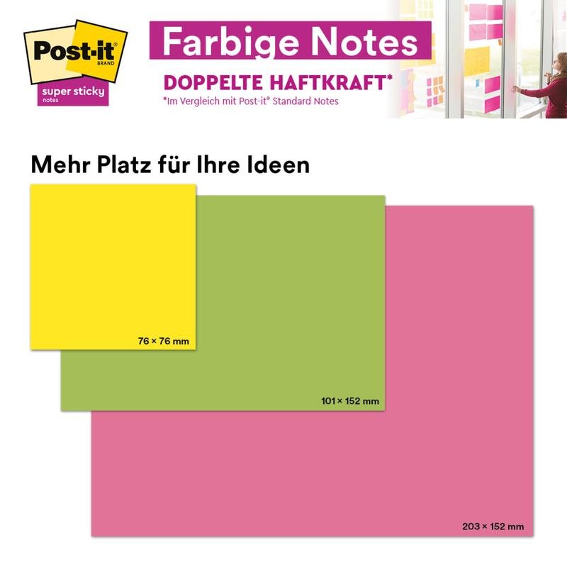Τρία Post-it® Super Sticky Meeting Notes (203 x 153 mm, διάφορα χρώματα, 70 φύλλα/μπλοκ, 3 μπλοκ/συσκευασία) από την 3M Deutschland GmbH παρουσιάζονται με "Περισσότερος χώρος για τις ιδέες σας" και "Διπλή δύναμη πρόσφυσης". 100% PEFC-πιστοποιημένα.