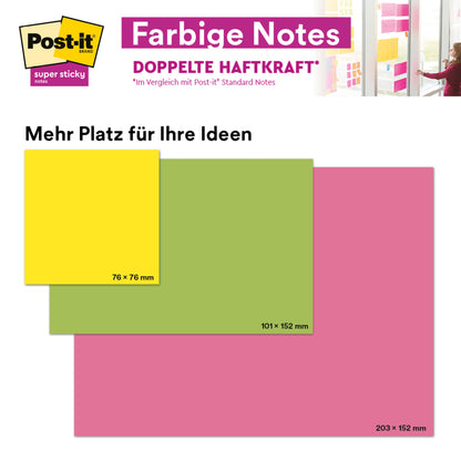 Vergleich dreier Post-it® Super Sticky Notes von 3M Deutschland GmbH im Großformat und verschiedenen Farben (Gelb: 76x76 mm, Grün: 101x152 mm, Pink: 203x152 mm), mit deutschem Text und Foto einer Person bei der Anwendung.