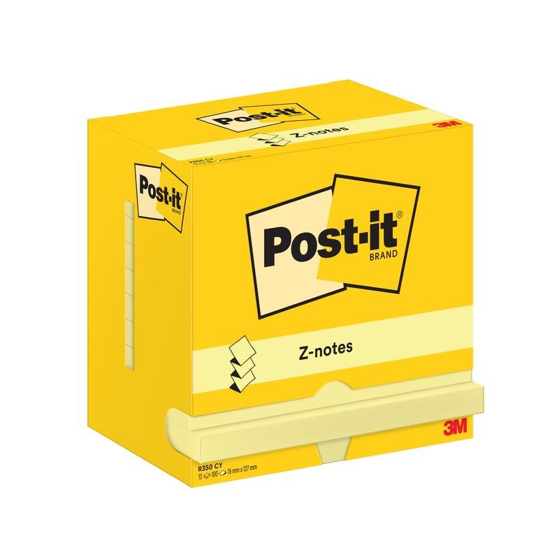 Ένα κίτρινο κουτί Post-it® Super Sticky Z-Notes της 3M Deutschland GmbH, 76 x 127 mm, 100 φύλλα, χάρτινη συσκευασία, με μερικώς τραβηγμένα ανοιχτοκίτρινα φύλλα και το λογότυπο της μάρκας στην μπροστινή πλευρά.