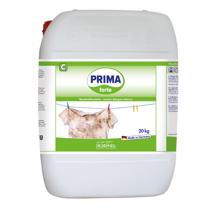 Ein weißer 20-kg-Behälter von Dr. Schnell PRIMA FORTE der DR.SCHNELL GmbH & Co. KGaA, mit einem grün-weißen Etikett, auf dem ein schmutziges Hemd auf einer Wäscheleine abgebildet ist. Ideal für die professionelle Reinigung; entfernt hartnäckige Flecken. Auf dem Etikett steht "Made in Germany".