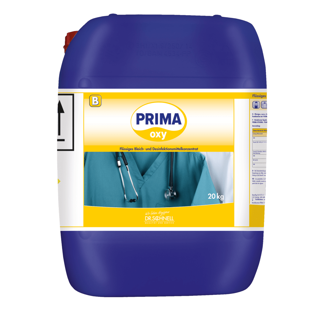 Ein großer blauer 20 kg Dr. Schnell PRIMA OXY Wäschedesinfektion automatische Dosierung Behälter der DR.SCHNELL GmbH & Co. KGaA für die professionelle Wäschedesinfektion, mit medizinischer Motivik, zur Verwendung als flüssiges Bleich- und Desinfektionsmittelkonzentrat.