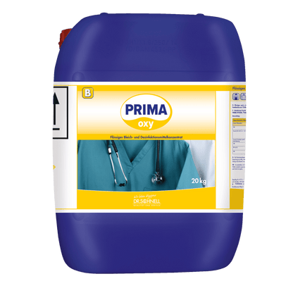 Ein großer blauer 20 kg Dr. Schnell PRIMA OXY Wäschedesinfektion automatische Dosierung Behälter der DR.SCHNELL GmbH & Co. KGaA für die professionelle Wäschedesinfektion, mit medizinischer Motivik, zur Verwendung als flüssiges Bleich- und Desinfektionsmittelkonzentrat.