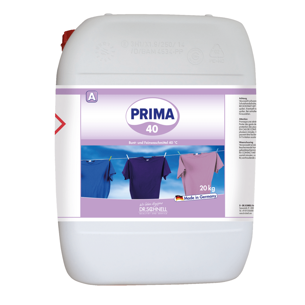 Ένα λευκό δοχείο 20 κιλών με Dr. Schnell PRIMA 40 της DR.SCHNELL GmbH & Co. KGaA είναι διακοσμημένο με μια μοβ ετικέτα "Made in Germany" και εικόνες από πολύχρωμα πουκάμισα, που υποδεικνύουν τη χρήση του ως καθαριστικό για βιομηχανικές εφαρμογές.