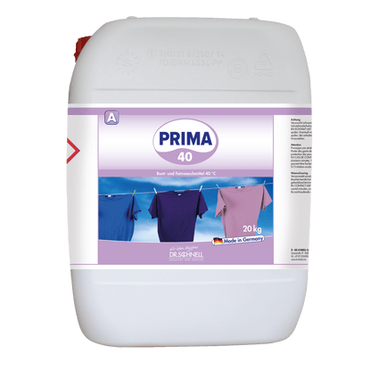 Ένα λευκό δοχείο 20 κιλών με Dr. Schnell PRIMA 40 της DR.SCHNELL GmbH & Co. KGaA είναι διακοσμημένο με μια μοβ ετικέτα "Made in Germany" και εικόνες από πολύχρωμα πουκάμισα, που υποδεικνύουν τη χρήση του ως καθαριστικό για βιομηχανικές εφαρμογές.