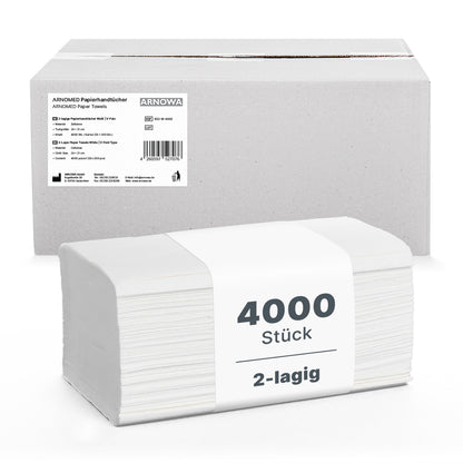 Ein Stapel weißer ARNOMED PAPIERHANDTÜCHER 25 x 23 cm | V-FALZ, beschriftet mit "4000 Stück, 2-lagig", liegt vor einem schlichten Karton der ARNOWA GmbH - perfekt für Waschräume.