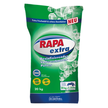 Ein grüner 20 kg Sack Dr. Schnell RAPA EXTRA Wäschedesinfektion manuelle Dosierung der DR.SCHNELL GmbH & Co. KGaA, mit deutscher Info, weißen Luftblasen, Frische-Highlights, Gütesiegeln, Branding und Anwendungshinweisen auf der Verpackung.
