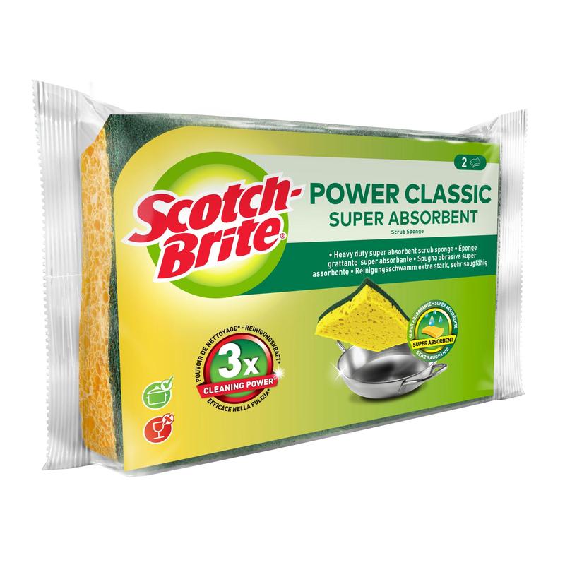 Μια συσκευασία από το Scotch-Brite® Classic Reinigungsschwamm της 3M Deutschland GmbH δείχνει δύο κίτρινα-πράσινα σφουγγάρια με την ένδειξη "3x καθαριστική δύναμη" στη συσκευασία και την εικόνα μιας μεταλλικής κατσαρόλας προς καθαρισμό.