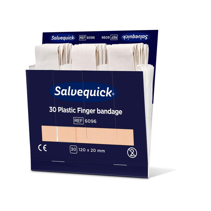 Ένα κουτί Orkla Wound Care AB Fingerbinde από πλαστικό, 120 x 20 mm, 30 τεμάχια, δείχνει πολλούς μπεζ επιδέσμους δακτύλων στην ανοιχτή σκούρα μπλε συσκευασία με λευκή και μπλε επιγραφή. Το πακέτο περιέχει 6 τεμάχια.