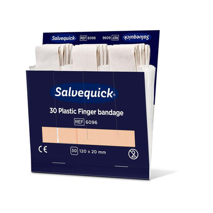 Ένα κουτί Orkla Wound Care AB Fingerbinde από πλαστικό, 120 x 20 mm, 30 τεμάχια, δείχνει πολλούς μπεζ επιδέσμους δακτύλων στην ανοιχτή σκούρα μπλε συσκευασία με λευκή και μπλε επιγραφή. Το πακέτο περιέχει 6 τεμάχια.