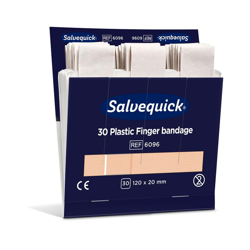 Ένα ανοιχτό μπλε-λευκό κουτί από την Orkla Wound Care AB με την επιγραφή "Fingerbinde από πλαστικό, 120 x 20 mm, 30 τμχ/Mine | Πακέτο (6 τεμάχια)" περιέχει μεμονωμένα συσκευασμένες επιδέσμους με διαστάσεις: 120 x 20 mm.