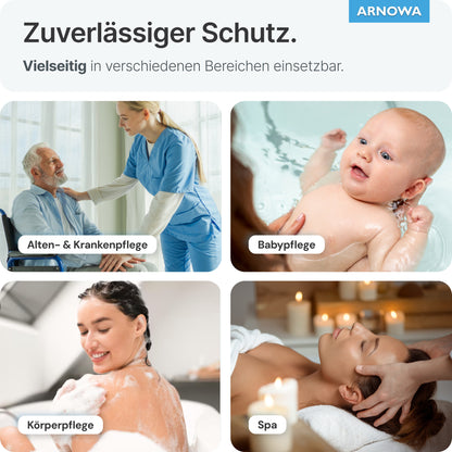 Eine Collage zeigt ARNOMED Einmalwaschhandschuhe aus Molton von ARNOWA GmbH in der Altenpflege, beim Babybaden, beim Eincremen und bei der Wellness-Massage. Dermatest-geprüft für zuverlässigen Schutz in vielen Pflegebereichen. Beutel: 50 Stück, 75g/m².