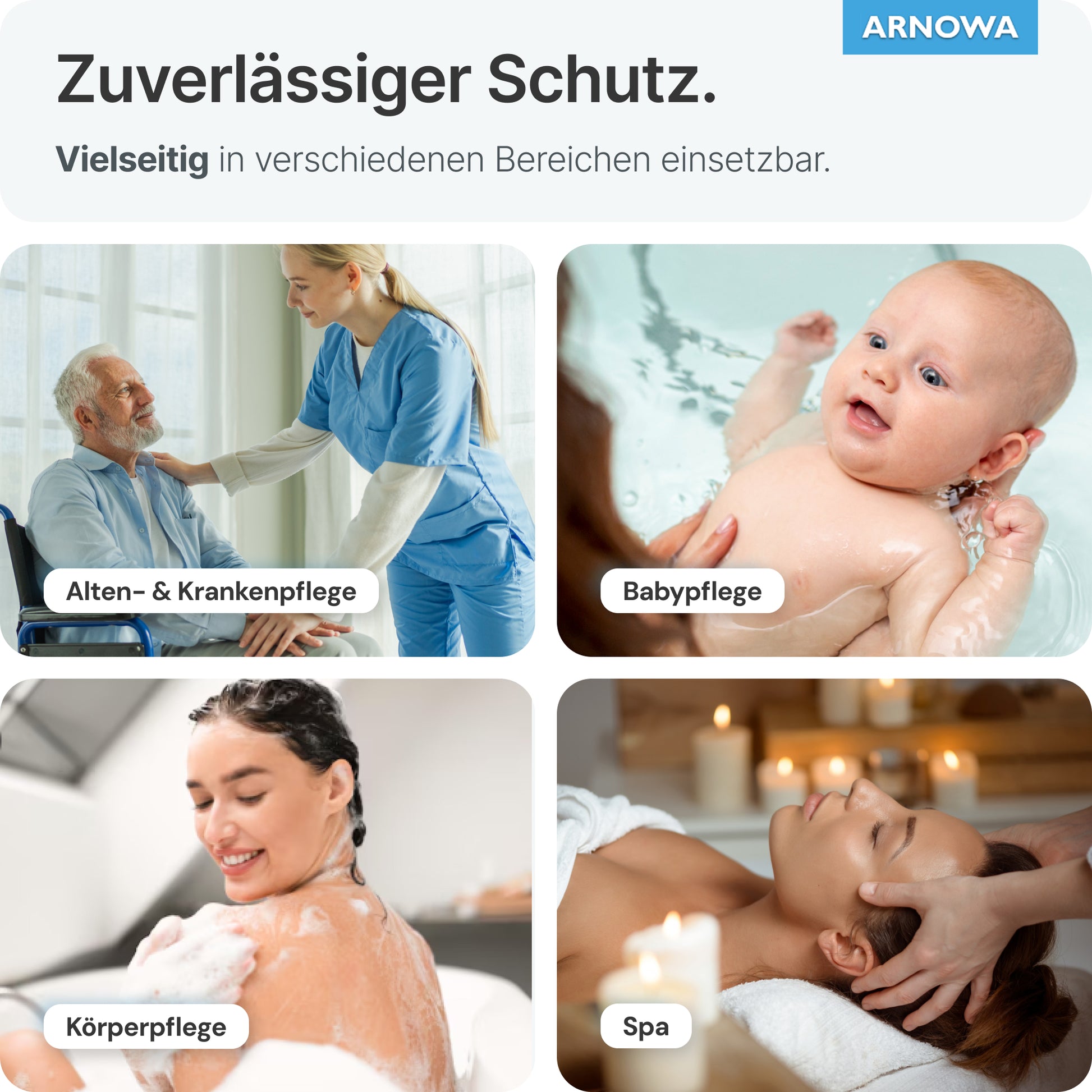 Eine Collage zeigt eine Krankenschwester, die einem älteren Mann hilft, ein Babybad, eine Frau, die ihre Schulter wäscht, und eine Wellness-Massage. Der Text "Zuverlässiger Schutz" hebt ARNOMED Einmalwaschhandschuhe Spunlace mit PE (ARNOWA GmbH), Beutel à 50 Stück hervor.