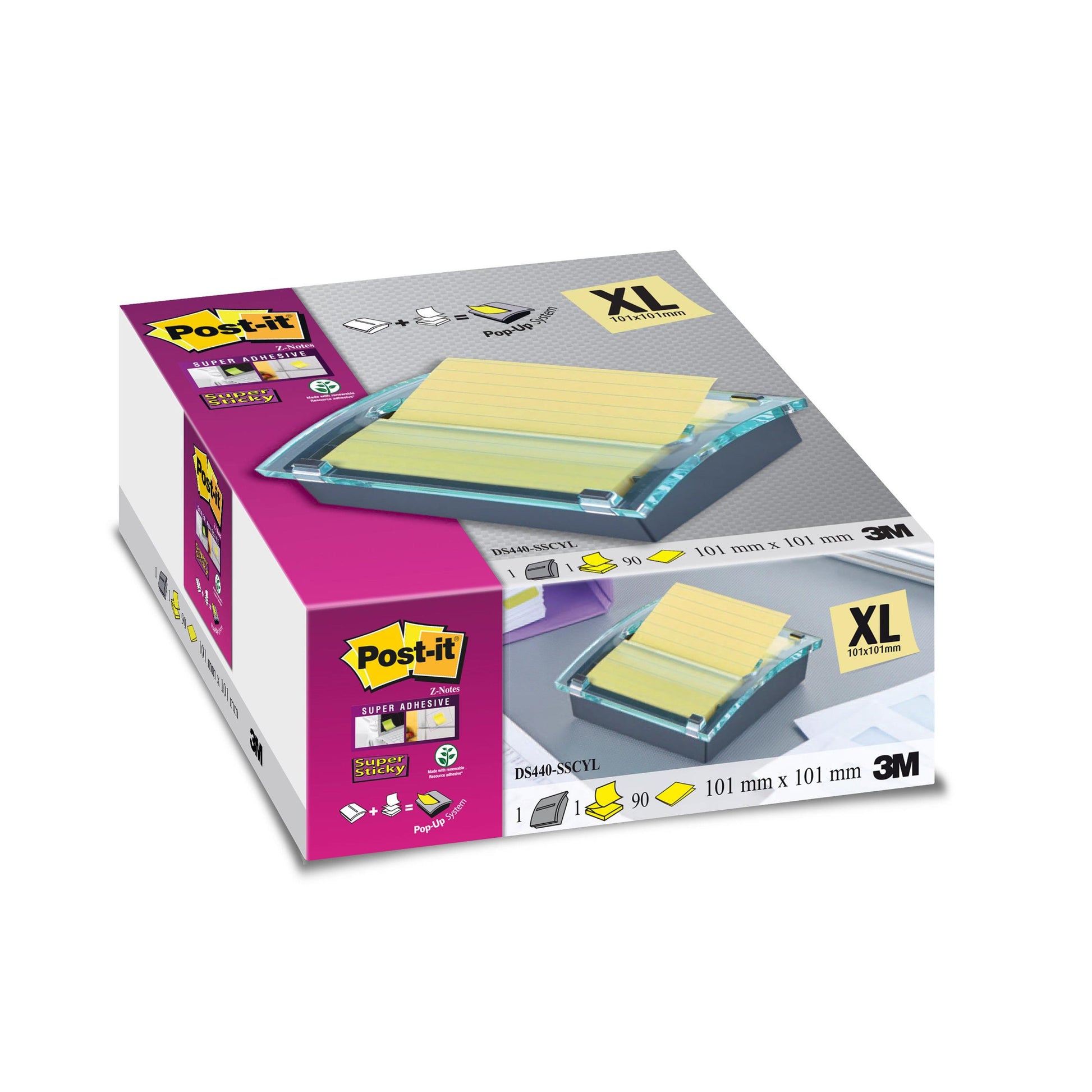 Der Post-it® Z-Notes Dispenser XL (Schwarz) von 3M Deutschland GmbH enthält 90 linierte, gelbe Super-Haftnotizen (101 x 101 mm) in einer Packung, mit Produktbildern und Branding auf der Schachtel.