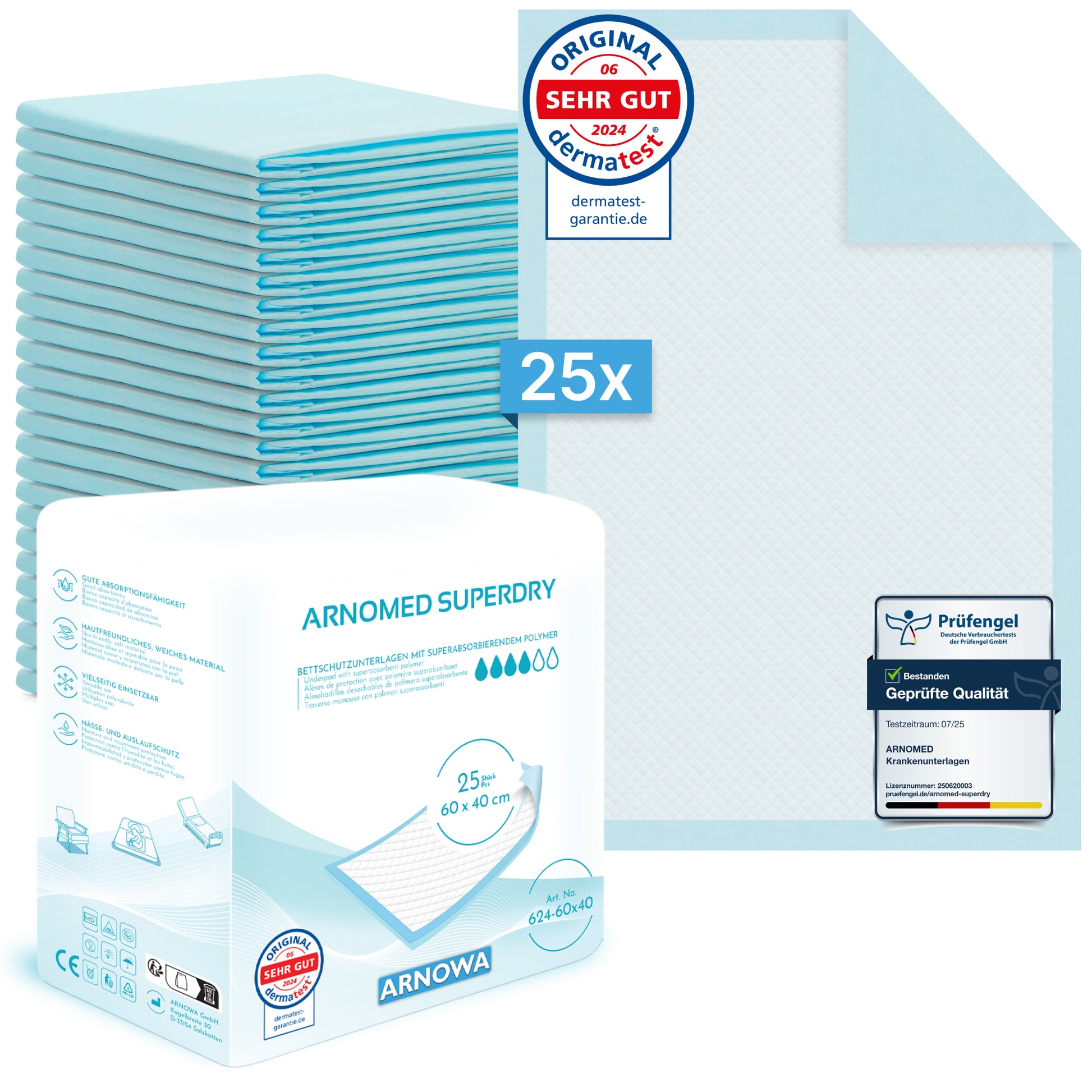 Packung mit 25 ARNOMED SUPERDRY Saugfähige Krankenunterlage mit SAP von ARNOWA GmbH, je 60 x 40 cm. Verpackung zeigt Produktinfos, Zertifizierungen & Qualitätssiegel. Perfekt als Inkontinenz-Schutz.