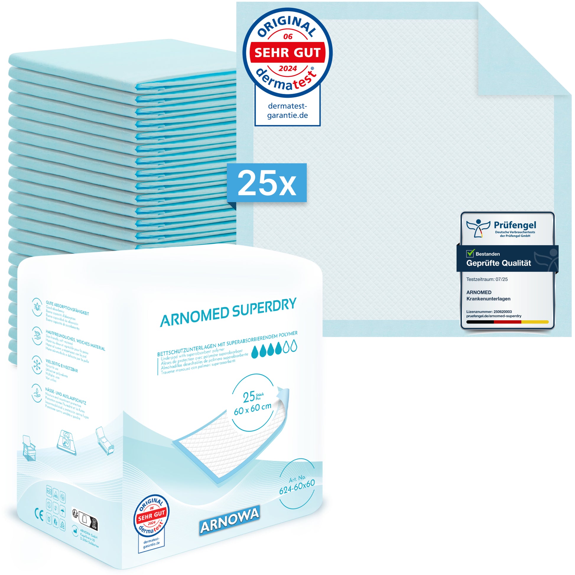 Eine Packung mit 25 ARNOMED SUPERDRY Saugfähige Krankenunterlage mit SAP (60x60 cm) von ARNOWA GmbH, mit einem Stapel von Unterlagen, Qualitätssiegel und dermatest badge-perfect Inkontinenz Schutz dank Superabsorber-Technologie.