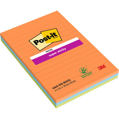 Μια συσκευασία Post-it® Super Sticky Notes μεγάλου μεγέθους, Boost Collection, γραμμωτή (101 x 152 mm), 3 μπλοκ των 45 φύλλων, 100% πιστοποιημένη από PEFC (SGSCH-PEFC-COC-110078) από την 3M Deutschland GmbH.