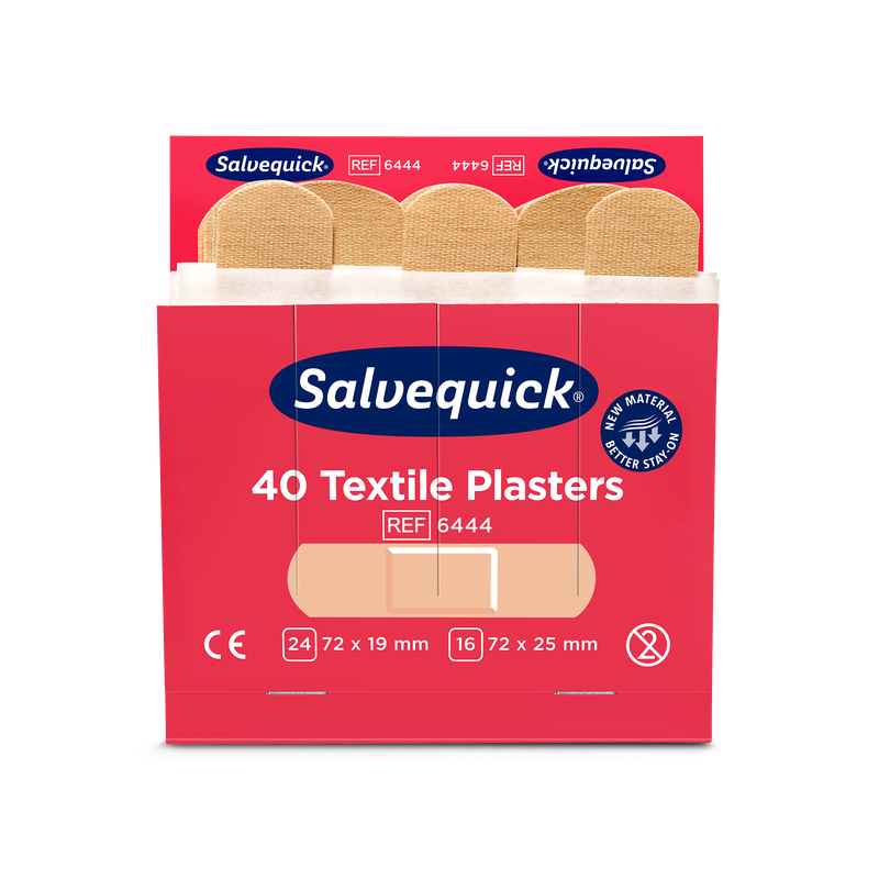 Eine geöffnete rote Orkla Wound Care AB Textilgips-Schachtel (40 stk./Nachfüllung, 6 Stück) zeigt innen beige Pflaster und auf der Vorderseite Größen, Produktinformationen und Zertifizierungssymbole.