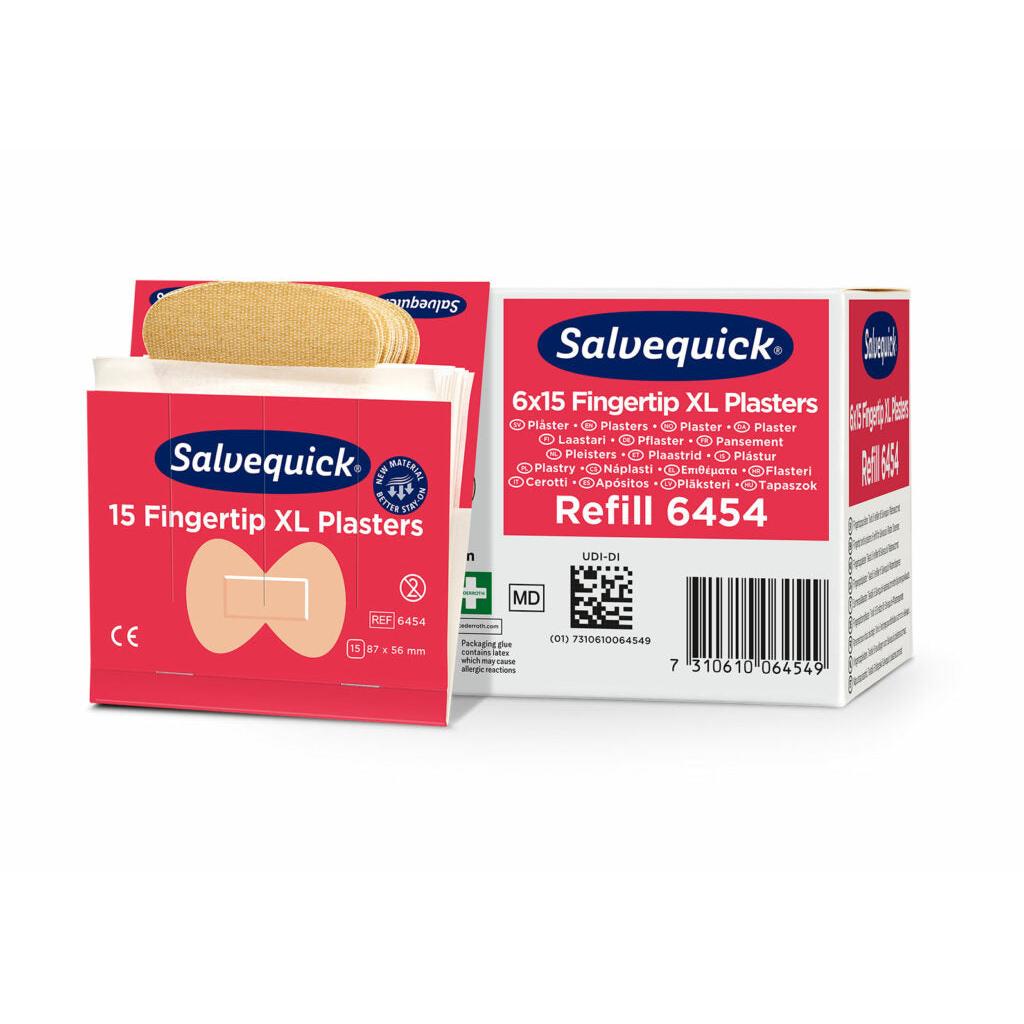 Abgebildet sind eine Schachtel und eine geöffnete Packung von Orkla Wound Care AB Xl Fingerspitzen-Textilpflaster, 15 Stück/Mine | Packung (6 Stück). Die weiß-rote Verpackung enthält Produktinformationen und Abbildungen dieser flexiblen Pflaster Fingerspitzen.