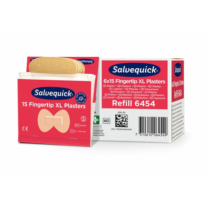 Abgebildet sind eine Schachtel und eine geöffnete Packung von Orkla Wound Care AB Xl Fingerspitzen-Textilpflaster, 15 Stück/Mine | Packung (6 Stück). Die weiß-rote Verpackung enthält Produktinformationen und Abbildungen dieser flexiblen Pflaster Fingerspitzen.