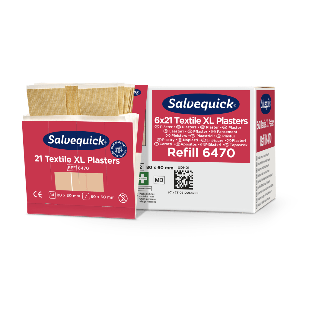 Απεικονίζονται δύο κουτιά Orkla Wound Care AB XL textilgips (21 κομμάτια/πακέτο, 6 κομμάτια) - ένα ανοιχτό με επιδέσμους, ένα κλειστό. Για μικρούς τραυματισμούς; Μεγέθη: 80x30 mm, 80x60 mm; Αναφορά: 6470. Αριθμός κομματιών: 21/126.