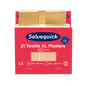 Ένα κόκκινο-λευκό κουτί με την επιγραφή "Orkla Wound Care AB Xl textilgips, 21 κομμάτια/ορυχείο | Πακέτο (6 κομμάτια)" με δύο μπεζ υφασμάτινα επιθέματα στις διαστάσεις 80 x 30 mm και 80 x 60 mm καθώς και πληροφορίες προϊόντος και πιστοποίησης.