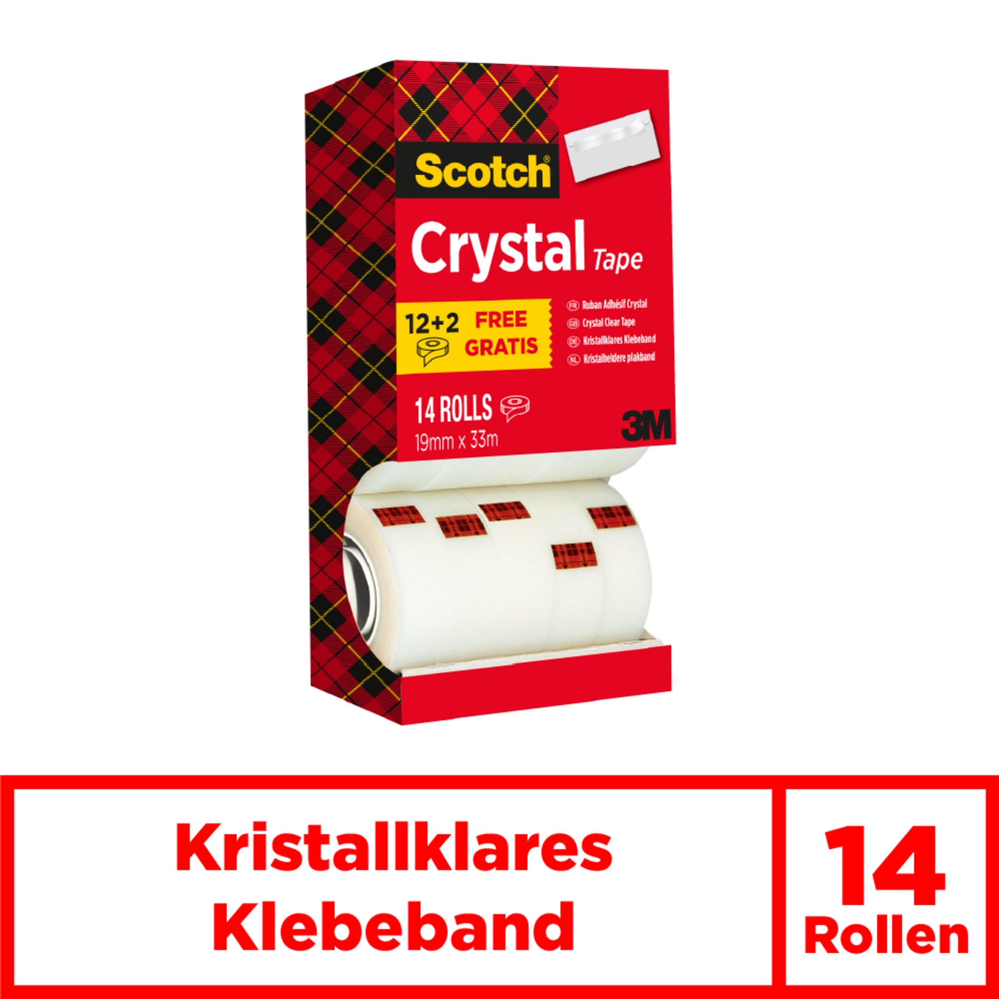 Das Scotch® Crystal Klebeband Vorteilspack der 3M Deutschland GmbH enthält 14 Rollen (19 mm x 33 m), die mit "12+2 gratis" und der Aufschrift "Kristallklares Klebeband" versehen sind.