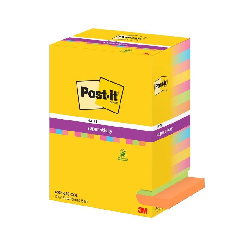 Ένα πακέτο Post-it® Super Sticky Notes από την 3M Deutschland GmbH, διάφορα χρώματα, 76x127mm, 90 φύλλα/μπλοκ, 16 μπλοκ/πακέτο, 100% PEFC. Στη συσκευασία εμφανίζονται το λογότυπο Post-it και οι πληροφορίες προϊόντος.