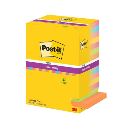 Ένα πακέτο Post-it® Super Sticky Notes από την 3M Deutschland GmbH, διάφορα χρώματα, 76x127mm, 90 φύλλα/μπλοκ, 16 μπλοκ/πακέτο, 100% PEFC. Στη συσκευασία εμφανίζονται το λογότυπο Post-it και οι πληροφορίες προϊόντος.
