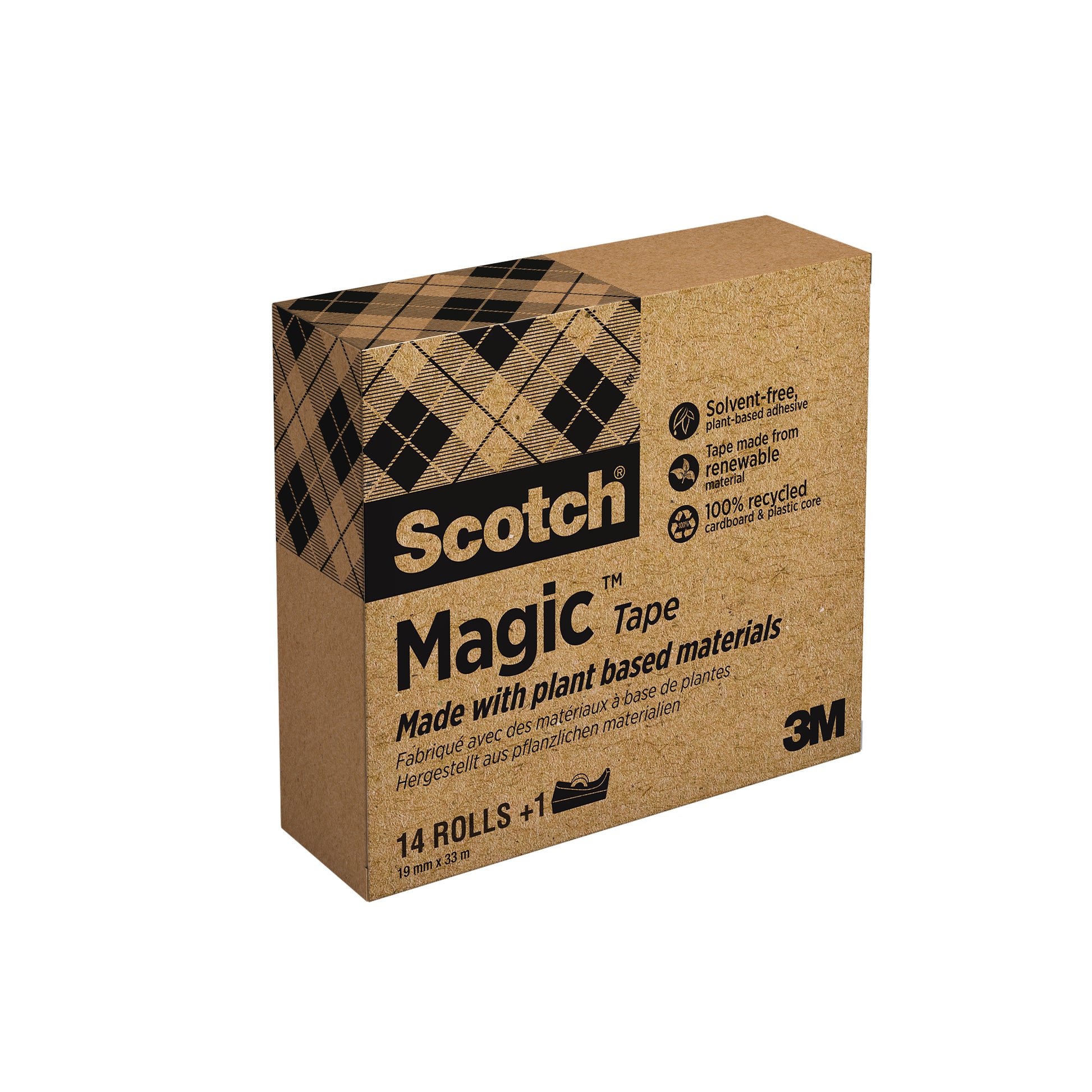 Eine Schachtel 3M Scotch® Magic™ Klebeband, hergestellt aus 66% pflanzlichem Klebstoff, in brauner Recycling-Verpackung (lösungsmittelfrei, erneuerbar), enthält 14 Rollen (19 mm x 33 m) plus einen KOSTENLOSEN schwarzen C38-Abroller.