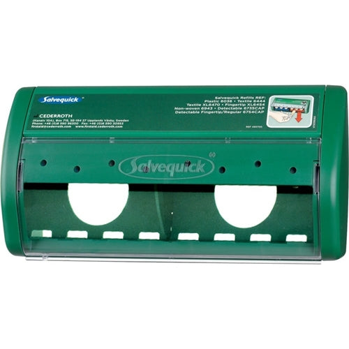 Ένας πράσινος διανομέας επιδέσμων Orkla Wound Care AB Salvequick, άδειος | Συσκευασία (1 τεμάχιο), διαθέτει δύο στρογγυλά ανοίγματα, ένα διαφανές καπάκι, τυπωμένες οδηγίες πάνω δεξιά και εμφανές branding στο μπροστινό μέρος.