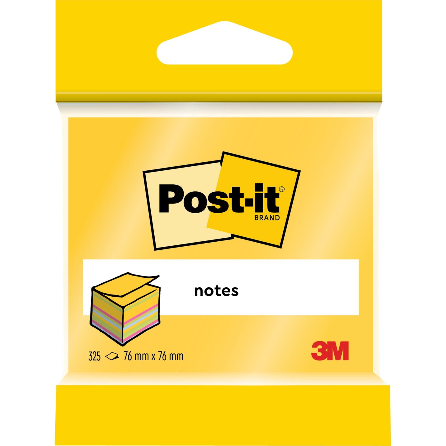 Ένα πακέτο κύβων σημειώσεων 3M Post-it® (76x76 mm, 450 φύλλα/μπλοκ, 100% PEFC) της 3M Deutschland GmbH είναι εξοπλισμένο με το λογότυπο, την εικόνα στοιβαγμένων σημειώσεων, "Notes" και μια κίτρινη συσκευασία.
