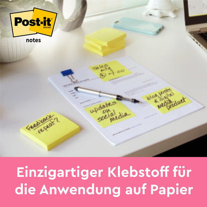Μια στοίβα Post-it® Notes, Κίτρινο, 38 mm x 51 mm (100 φύλλα/μπλοκ, 12 μπλοκ/συσκευασία) της 3M Deutschland GmbH βρίσκεται πάνω σε γραφείο· δίπλα υπάρχουν τέσσερα χαρτάκια με χειρόγραφο κείμενο στερεωμένα σε ένα φύλλο. Το λογότυπο Post-it και το γερμανικό σλόγκαν είναι ορατά.