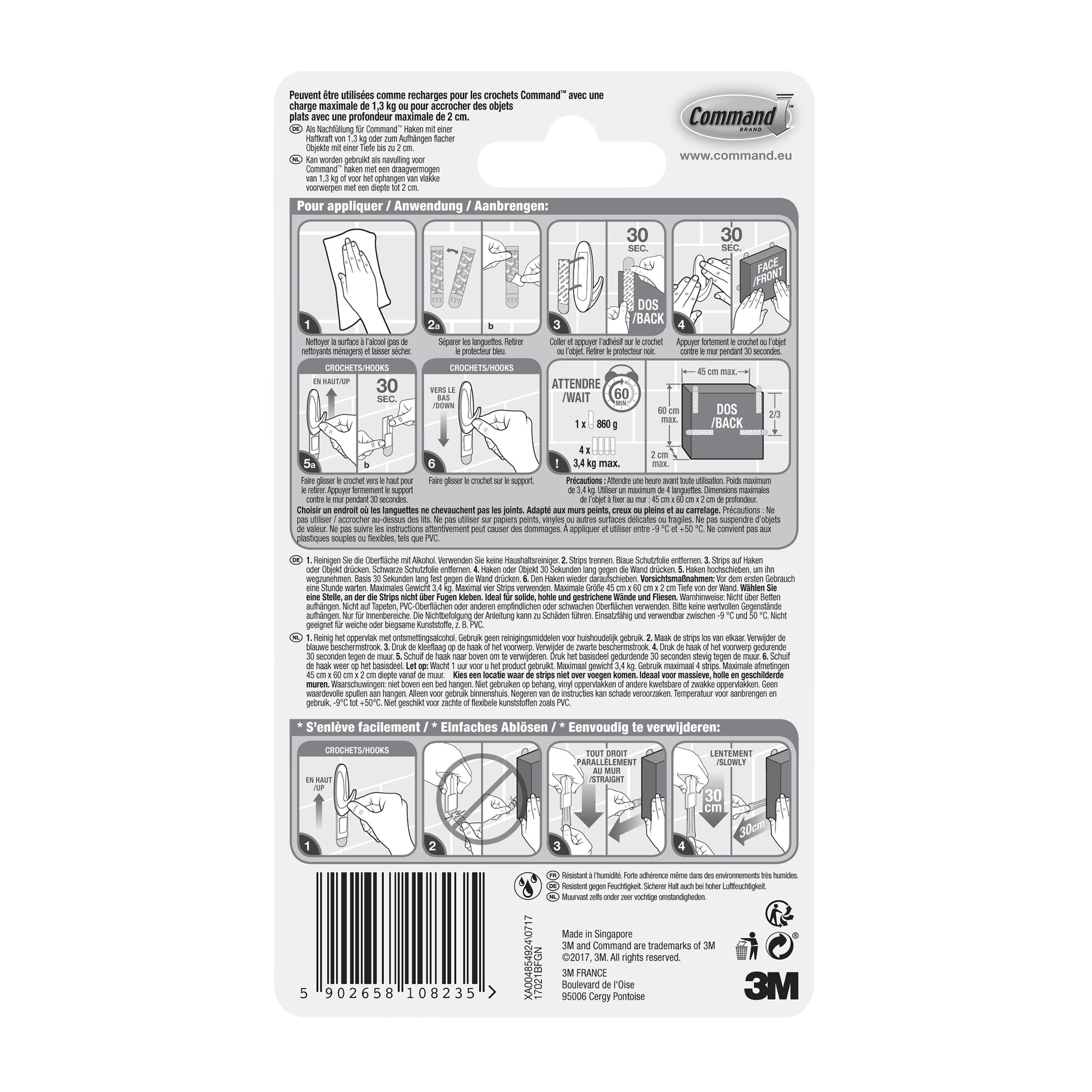 Die Command™ Strips 17021B, wasserfest (Größe M, 10/Packung) von 3M Deutschland GmbH verfügen über illustrierte Anwendungshinweise, Sicherheitshinweise, mehrsprachigen Text, Barcode und das 3M-Logo-ideal zur Befestigung ohne Bohren im Badezimmer.