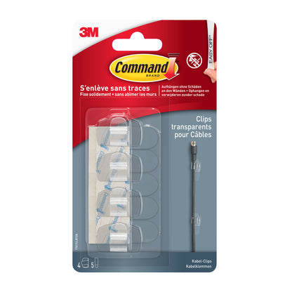 Απεικονίζεται μια συσκευασία Command™ διάφανων κλιπ για στρογγυλά καλώδια, 17017CLR από την 3M Deutschland GmbH. Η κόκκινη και διαφανής συσκευασία περιέχει 4 κλιπ + 5 ταινίες, με κείμενο στα Αγγλικά, Γαλλικά και Γερμανικά.