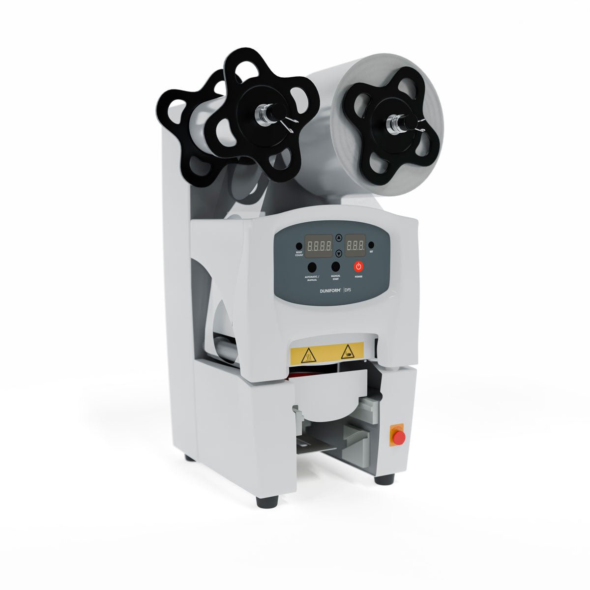 Η μηχανή σφράγισης Duni GmbH DF5, συμπεριλαμβανομένης 1 κασέτας DF5, διαθέτει δύο ρολά άνω φιλμ, έναν ψηφιακό πίνακα ελέγχου με κουμπιά και ενδείξεις, καθώς και ένα πορτοκαλί κουμπί ισχύος για επαγγελματικό κλείσιμο ποτηριών ποτών. 1 τεμάχιο ανά συσκευασία.