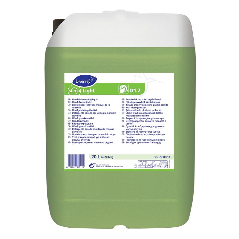 Ein rechteckiger 20-Liter-Behälter mit Suma Light D1.2 Handgeschirrspülmittel von Diversey Deutschland GmbH & Co. OHG hat einen grünen Körper, einen weißen Deckel und ein Etikett, das in mehreren Sprachen die effektive Fett- und Schmutzentfernung für sauberes Geschirr beschreibt.