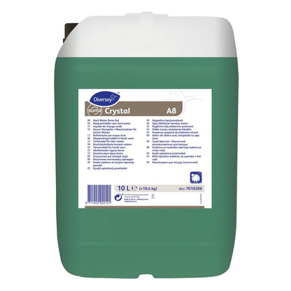 Ένα πράσινο πλαστικό δοχείο 10 λίτρων με λευκό καπάκι και ετικέτα της Diversey Deutschland GmbH & Co. OHG, δείχνει το Suma Crystal A8, Saurer Klarspüler· ιδανικό ως όξινο λαμπρυντικό για επαγγελματικά πλυντήρια πιάτων στην καθαριότητα πιάτων.