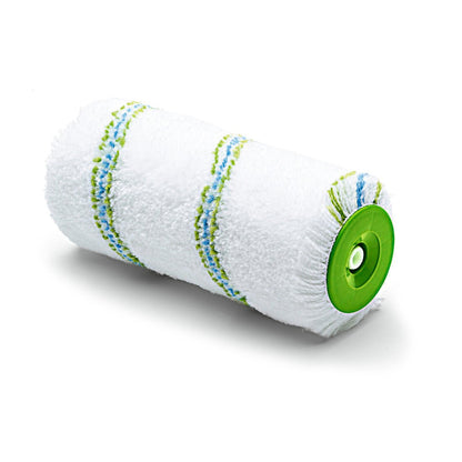 Η Nölle Profi Brush Meisterflor Jumbowalze Ø 55 mm από την Nölle Profi Brush Bürsten- & Pinseltechnik e.K. με πράσινες/μπλε ρίγες και πράσινο πυρήνα απεικονίζεται σε λευκό - ιδανική για χρώματα τοίχου και επαγγελματίες ζωγράφους.