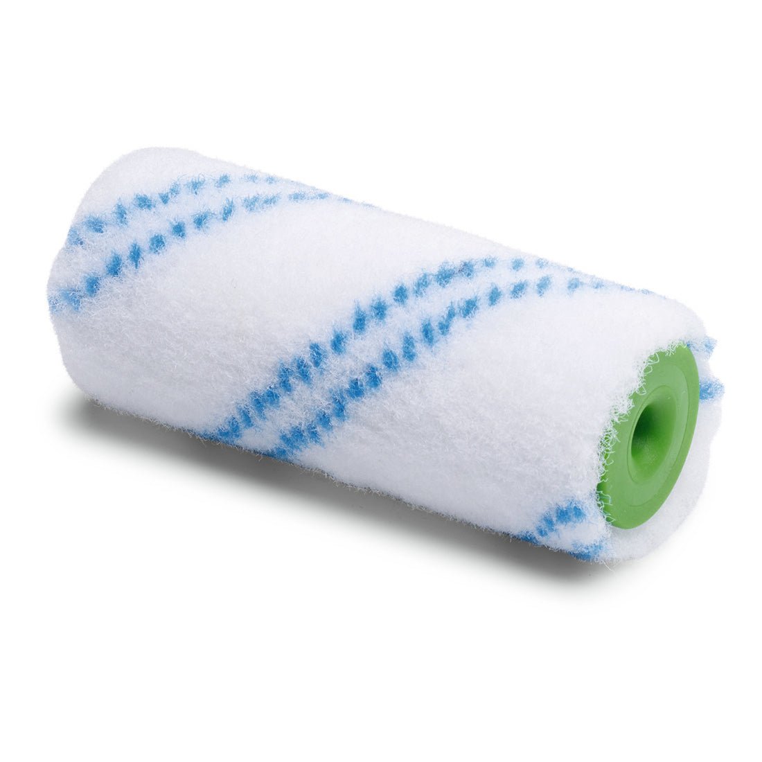 Η Nölle Profi Brush Kombiwalze Nylon 10 cm από την Nölle Profi Brush Bürsten- & Pinseltechnik e.K. με τις μπλε διαγώνιες λωρίδες και τον πράσινο πυρήνα είναι το ιδανικό εργαλείο ζωγραφικής για ομοιόμορφη, αποτελεσματική βαφή σε λευκές επιφάνειες.