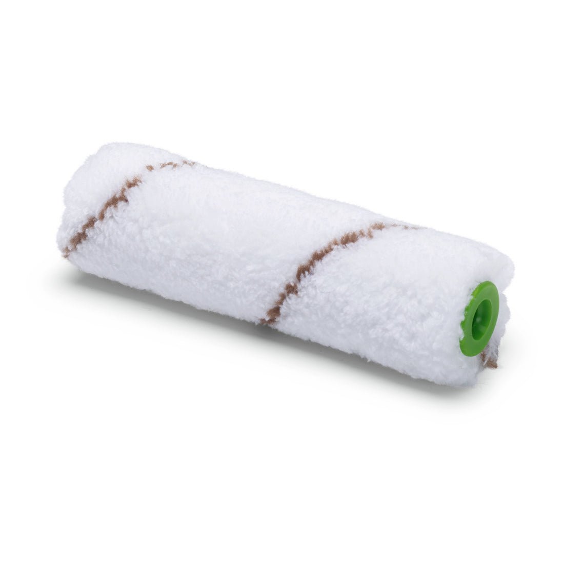 Μια Nölle Profi Brush Μικροΐνα Ρολό Μικρών Επιφανειών 10 εκ., 9 χιλ. ύψος πέλους από Nölle Profi Brush Bούρτσες & Τεχνική Πινέλου e.K., ιδανική για τη ζωγραφική μικρών επιφανειών, με δύο καφέ ρίγες και πράσινο άκρο, σε λευκό φόντο.