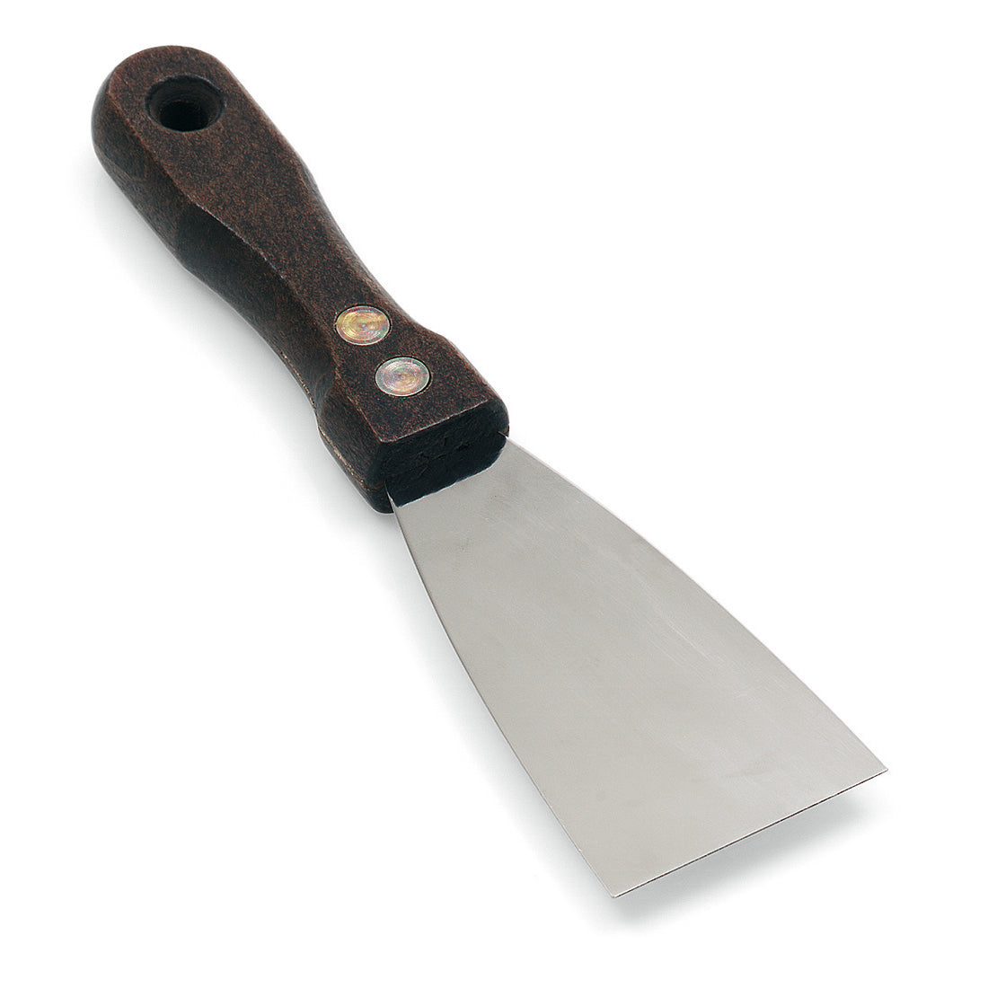 Die Nölle Profi Brush Profi-Malerspachtel Edelstahl-Rostfrei von Nölle Profi Brush Bürsten- & Pinseltechnik e.K. hat eine breite, flache Klinge aus rostfreiem Stahl und einen dunklen Holzgriff mit zwei Metallnieten, abgebildet auf weißem Grund.