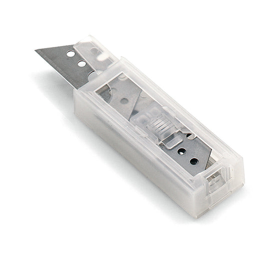 Der Nölle Profi Brush Trapez Dispenser mit 10 Ersatzklingen für Präzision (1 Stück) von Nölle Profi Brush Bürsten- & Pinseltechnik e.K. verfügt über ein durchsichtiges Gehäuse mit einer teilweise ausgefahrenen Dreikantklinge für präzises Schneiden.